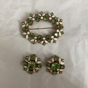 Vintage white and green pin and earrings